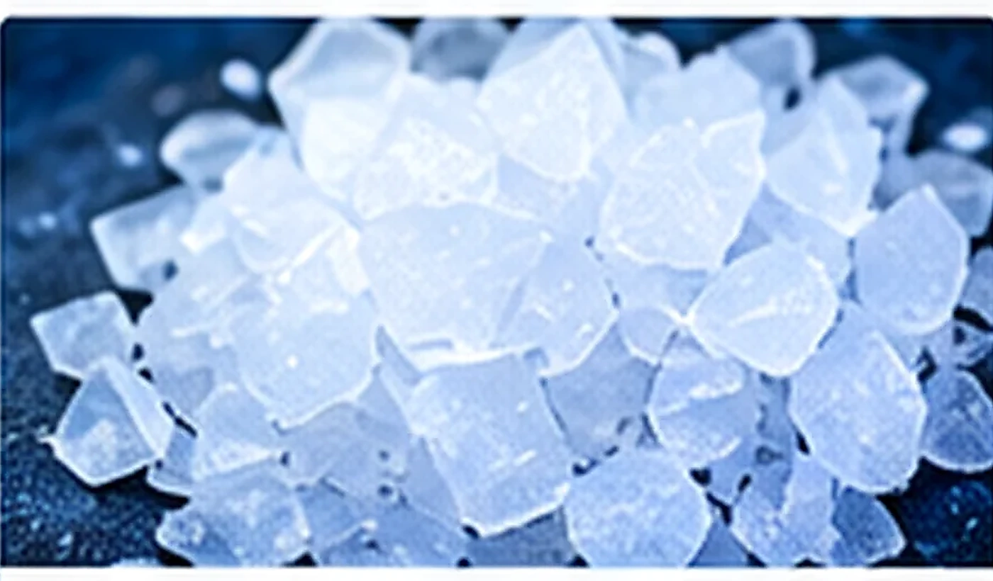 White industrial chemical flakes shown in close detail